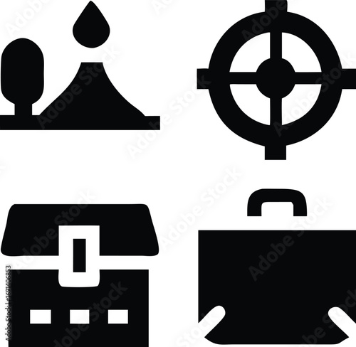 Dark silhouette icon of a toggle, spinning wheel, chart, and gaming loot chest.