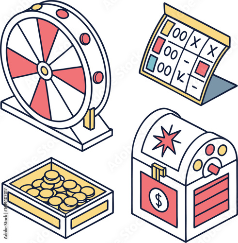 Papercut colorful icon set of toggle button, lottery selector, chart stats, and loot chest.