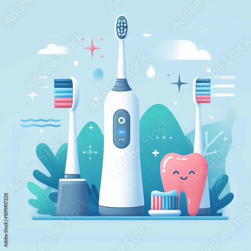 A vibrant flat illustration of dental hygiene tools, including an electric toothbrush, manual brushes, and a smiling cartoon tooth character.