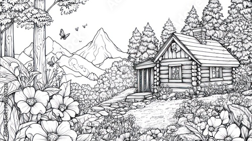 Scenic mountain cabin illustration