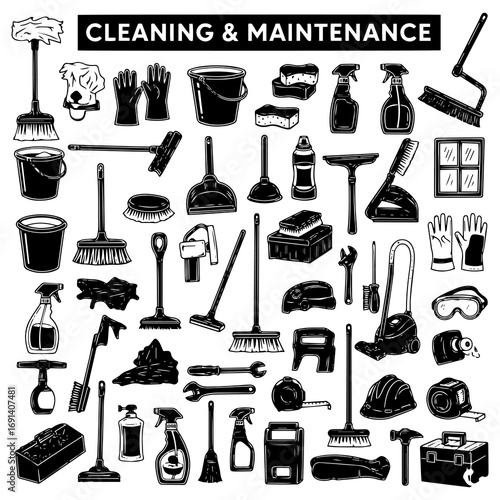 Detailed black and white vector icons of diverse cleaning supplies and maintenance tools for household, industrial, and safety applications.