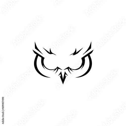 Minimalist owl mask illustration with black lines featuring stylized feathers and beak
