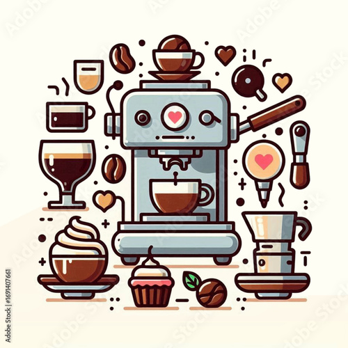 Illustration features an espresso machine surrounded by coffee  treat elements