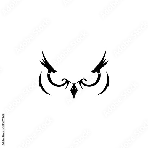 Stylized owl face with sharp gaze  prominent brows