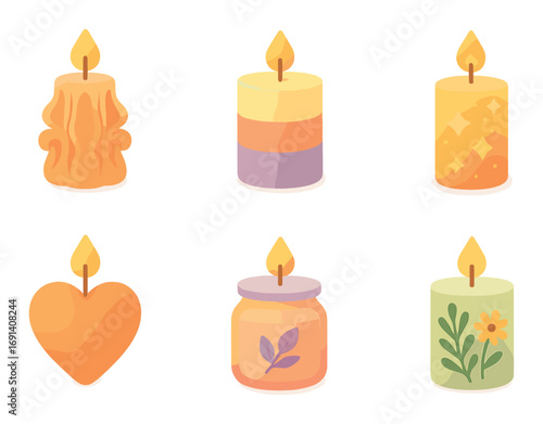 Candle silhouette icons set. featuring flame, decorative, heart-shaped, aromatic, floral, and starry candle designs.