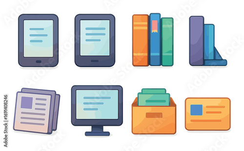 Library and reading flat icon set. featuring e-reader, tablet, books, shelf, newspaper, computer, files, and card symbols.