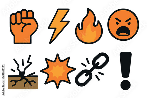 Alert and warning flat icon set. featuring fire, fist, lightning, angry face, crack, explosion, chain, and exclamation.