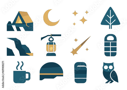 Camping silhouette icon set. featuring tent, moon, stars, tree, waterfall, lantern, comet, sleeping bag, mug, helmet, and owl.
