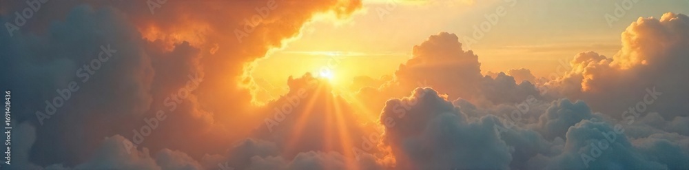Fototapeta premium Golden sunbeams piercing through gaps in fluffy clouds, illuminating a tranquil landscape bathed in warm, natural light A stunning display of nature's beauty , sunshine, energy, ethereal