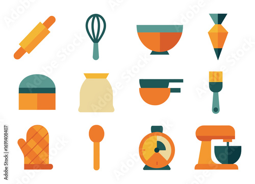 Baking utensils flat icon set. featuring bowl, whisk, rolling pin, oven mitt, bag, timer, and mixer.