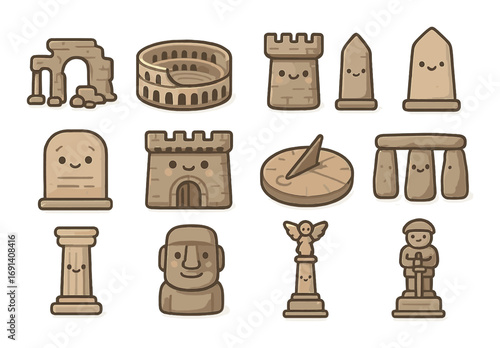 Ancient monuments flat icon set. featuring stonehenge, moai, colosseum, obelisk, and parthenon.