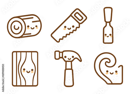 Carpentry cute linear icon set. featuring log, saw, chisel, wood plank, hammer, wood shaving..