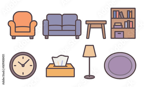 Home furniture flat icon set. featuring armchair, sofa, stool, bookshelf, clock, tissue box, lamp, and plate.