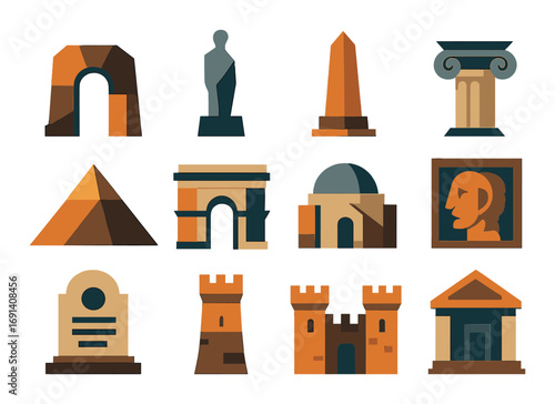 Historical landmark flat icon set. featuring arch, statue, obelisk, column, pyramid, arc, dome, painting, tomb, towers, temple.
