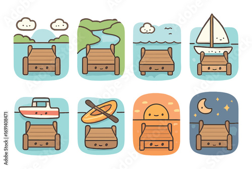 Nature and recreation flat icon set. featuring pier, river, sailboat, motorboat, kayak, sunset, night..