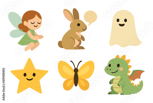 Fairy tale theme flat icons set. featuring fairy, rabbit, ghost, star, butterfly, and dragon symbols.