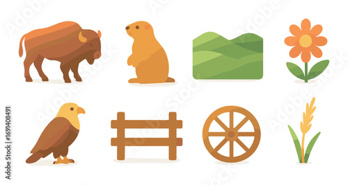 Nature and wildlife flat icons set. featuring bison, prairie dog, mountains, flower, eagle, fence, wagon wheel, wheat.