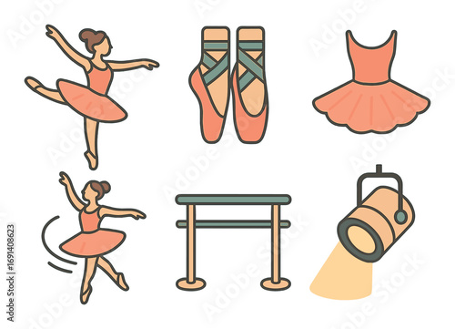Ballet elements flat icon set. featuring dancer, pointe shoes, tutu, barre, and spotlight symbols.