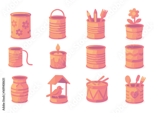 Recycling craft silhouette icon set. featuring decor, can, pencil holder, plant, flower pot, thread, drum.