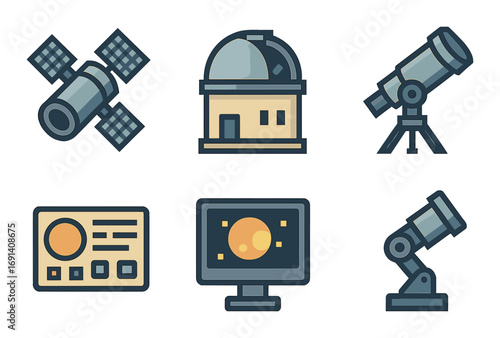 Space exploration flat icon set. featuring satellite, observatory, telescope, control panel, moon monitor, robotic arm.