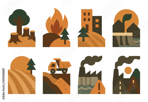 Environmental impact flat icon set. featuring deforestation, fire, urban, pollution, and industrial symbols.