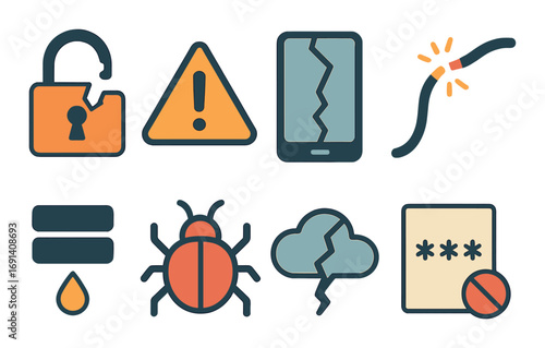 Cybersecurity flat icons set. featuring lock, warning, phone, virus, bug, fuse, raindrop, cloud, and password symbols.