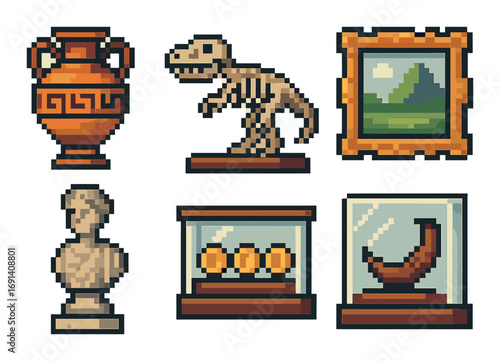 Museum artifacts flat icon set. featuring vase, dinosaur skeleton, landscape painting, bust, coins, and horn symbols.