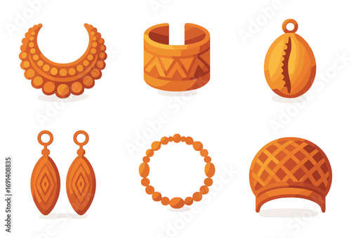 Jewelry flat icon set. featuring necklace, ring, cowrie shell, earrings, bracelet, and crown designs.