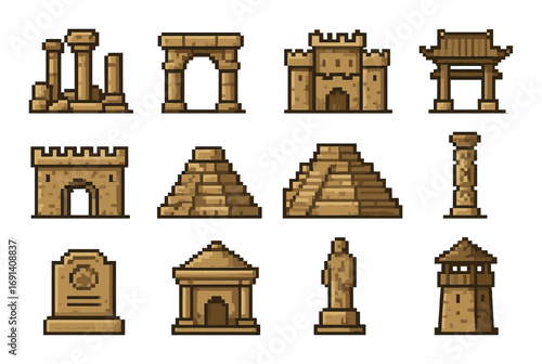 Historical monuments pixel icon set. featuring greek columns, arch, castle, pagoda, pyramid, and lighthouse..