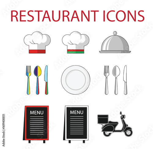 Restaurant Elements Vector Set – Chef Hat, Utensils, Serving Dish