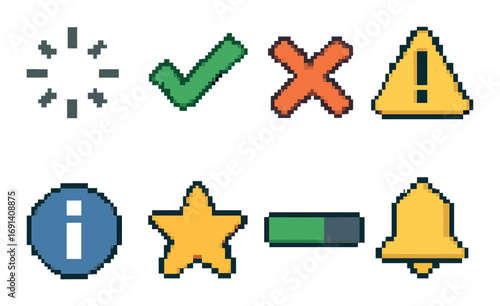 Interface pixel icon set. featuring loading, check mark, cross, warning triangle, information, star, battery, and bell symbols.