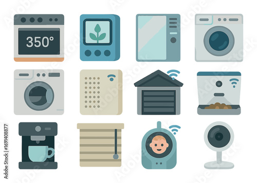 Smart home flat icon set. featuring oven, thermostat, fridge, washer, dryer, garage, coffee maker, baby monitor, and camera.