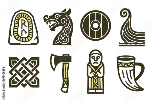 Viking culture silhouette icon set. featuring rune, dragon, shield, ship, knot, axe, warrior, and horn symbols.
