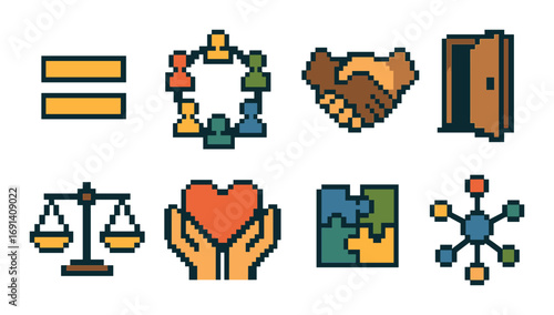 Community themes flat icon set. featuring equality, networking, partnership, access, justice, care, puzzle, connection.