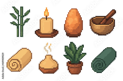 Spa and relaxation pixel art icon set. featuring bamboo, candle, stone, bowl, towel, diffuser, plant symbols.