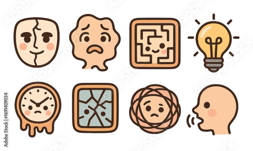 Emotions and mental health flat icons set. featuring masks, anxiety, confusion, idea, time, reflection, stress, expression.