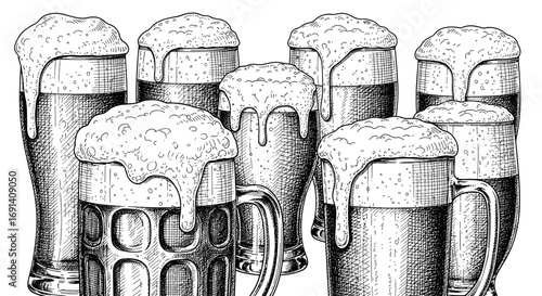 Multiple frothy beer mugs – perfect hand-drawn black and white vintage sketch for bar and restaurant menu design. Vector illustration in engraving style, top and side views, festive and detailed