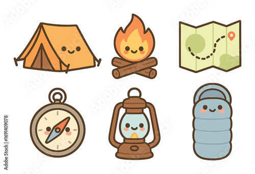Camping essentials flat icon set. featuring tent, campfire, map, compass, lantern, and sleeping bag symbols.