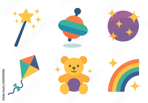 Toys and recreation flat icon set. featuring wand, spinner, ball, kite, teddy bear, and rainbow..