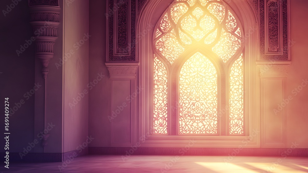 Fototapeta premium Ornate window illuminating a spacious interior room.