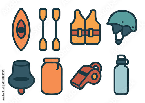 Water sports flat icon set. featuring kayak, paddle, life vest, helmet, buoy, jar, whistle, bottle.