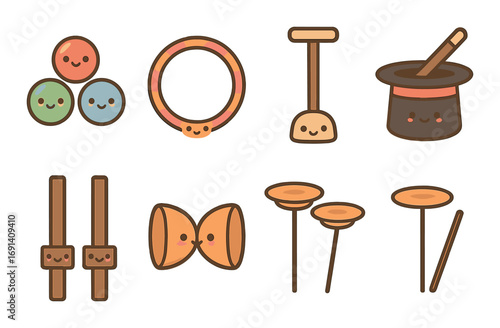 Circus equipment flat icon set. featuring balls, hoop, pogo stick, magic hat, stilts, diabolo, and juggling clubs.
