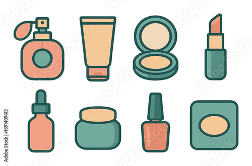 Cosmetics flat icon set. featuring perfume, cream, powder, lipstick, serum, jar, nail polish, soap.