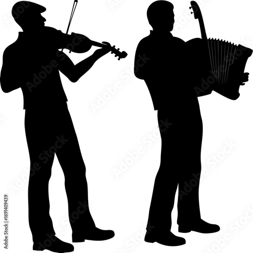 Silhouette of Harvest Musicians Playing Fiddle and Banjo Autumn Festival Vector Illustration, Harvest Musicians Silhouette, Folk Band Playing Harvest Music Vector, Autumn Festival Musicians