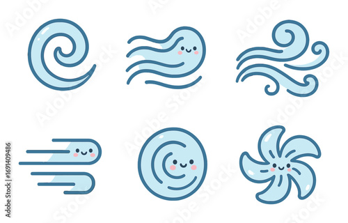 Weather flat icons set. featuring wind, cyclone, breeze, air, gust, and swirl symbols.