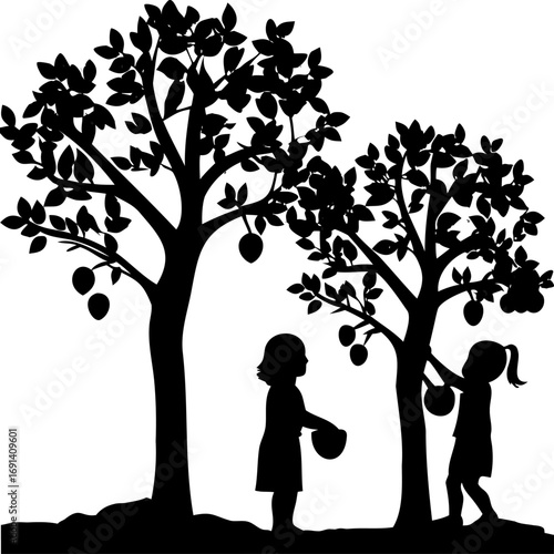 Solid Black Silhouette of Apple Trees with Children Playing in Autumn Orchard Vector Illustration, Apple Trees with Children Silhouette, Autumn Orchard Kids Vector, Children Playing Under Apple Trees 