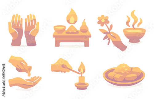 Spiritual rituals silhouette icon set. featuring prayer, incense, offering, meditation, candle, herbal.