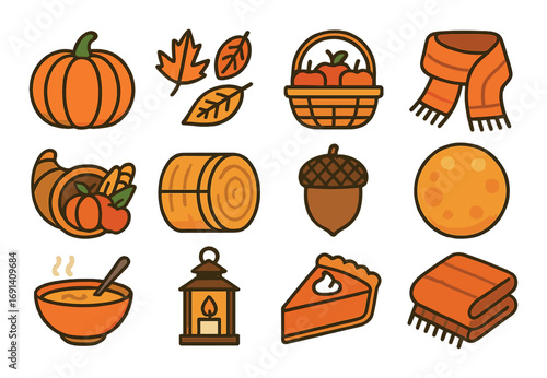 Autumn festival flat icon set. featuring pumpkin, leaves, apples, scarf, cornucopia, acorn, harvest moon, and pie symbols.