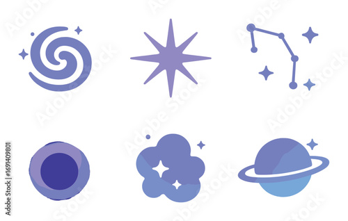 Space elements silhouette icon set. featuring galaxy, star, constellation, eclipse, nebula, and planet symbols.