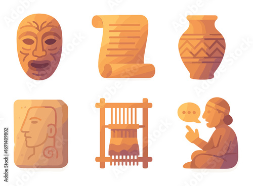 Cultural artifacts flat icons set. featuring mask, scroll, pot, stone tablet, loom, storyteller symbols.